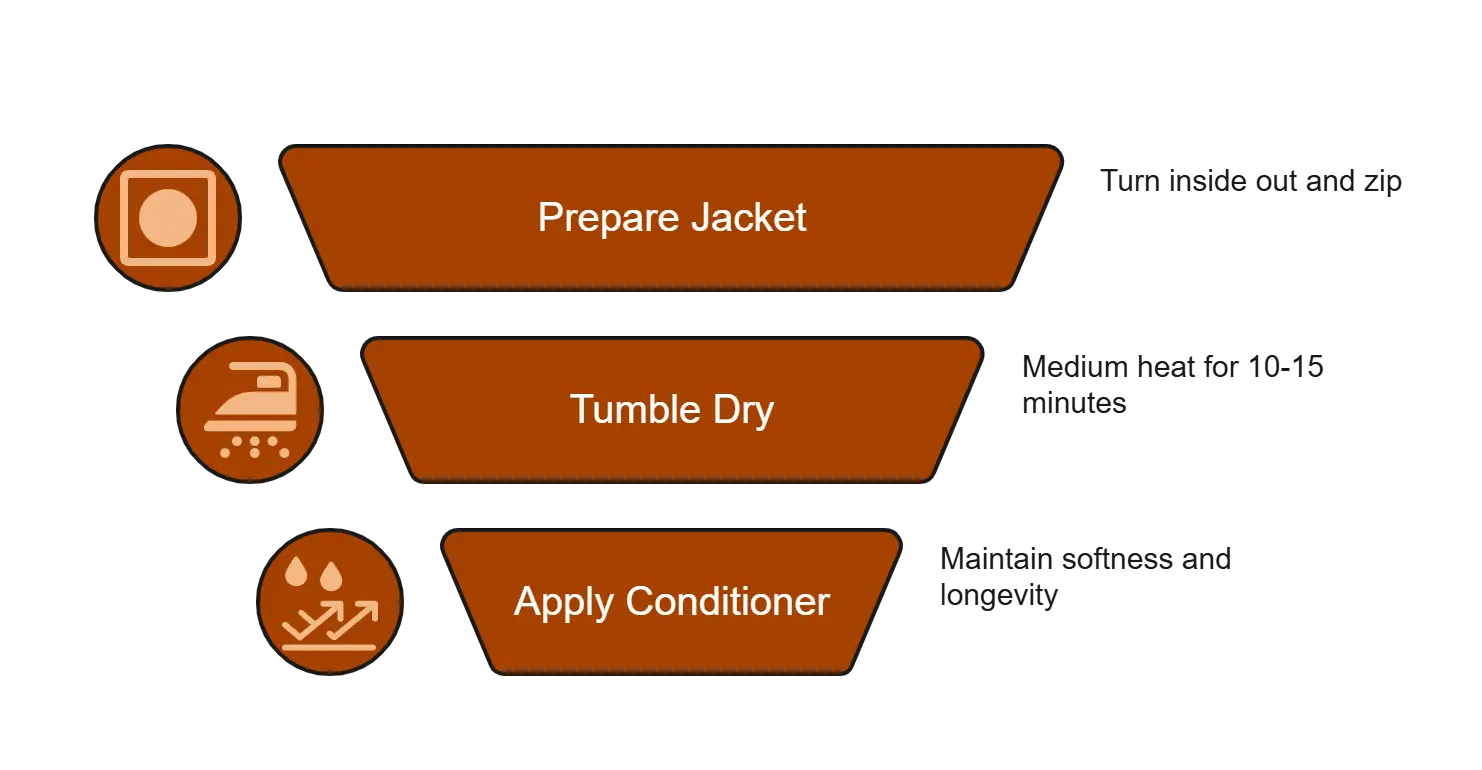 Funnel-shaped diagram showing how to soften a new hard leather jacket—prepare jacket, tumble dry briefly, and apply conditioner for comfort and flexibility.