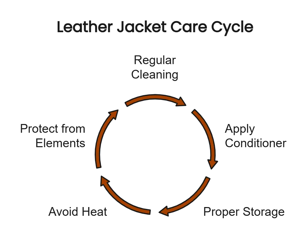 Leather jacket care cycle showing regular cleaning, applying conditioner, proper storage, avoiding heat, and protecting from elements to prevent peeling.