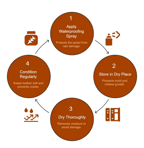 Leather jacket rain care cycle showing waterproofing spray, storing in dry place, drying thoroughly, and conditioning regularly.