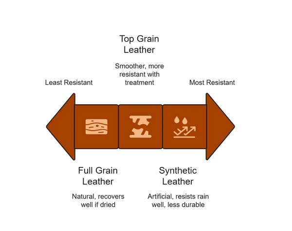 Water resistance comparison of full grain leather, top grain leather, and synthetic leather in rainy conditions.