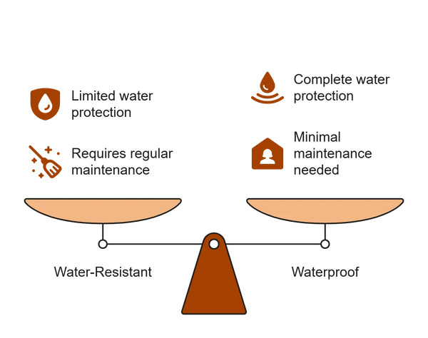 Visual guide explaining the difference between water-resistant and waterproof protection for leather jackets in the rain.