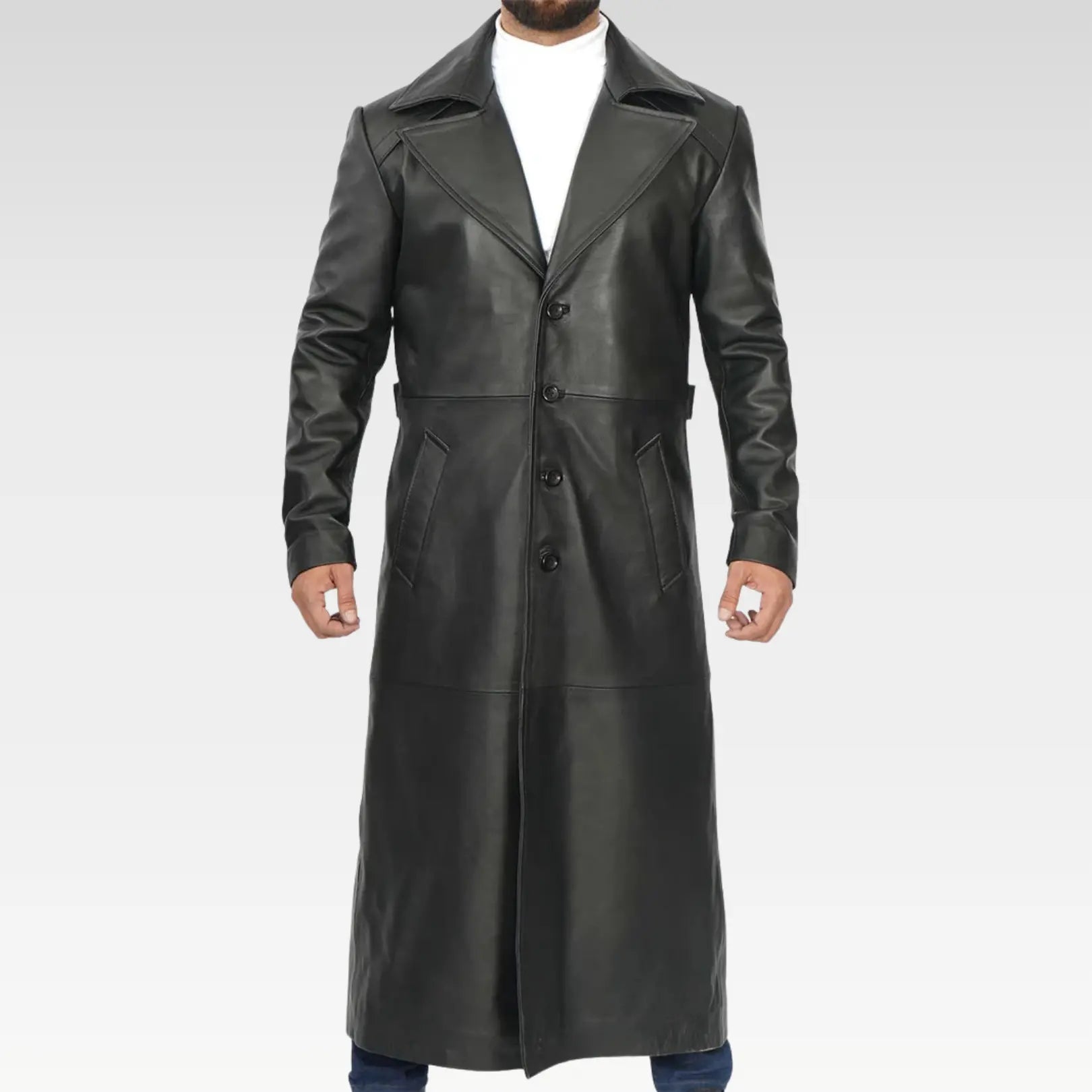 Buttoned front look of Jackson men’s black leather long duster coat, crafted from real lambskin leather.