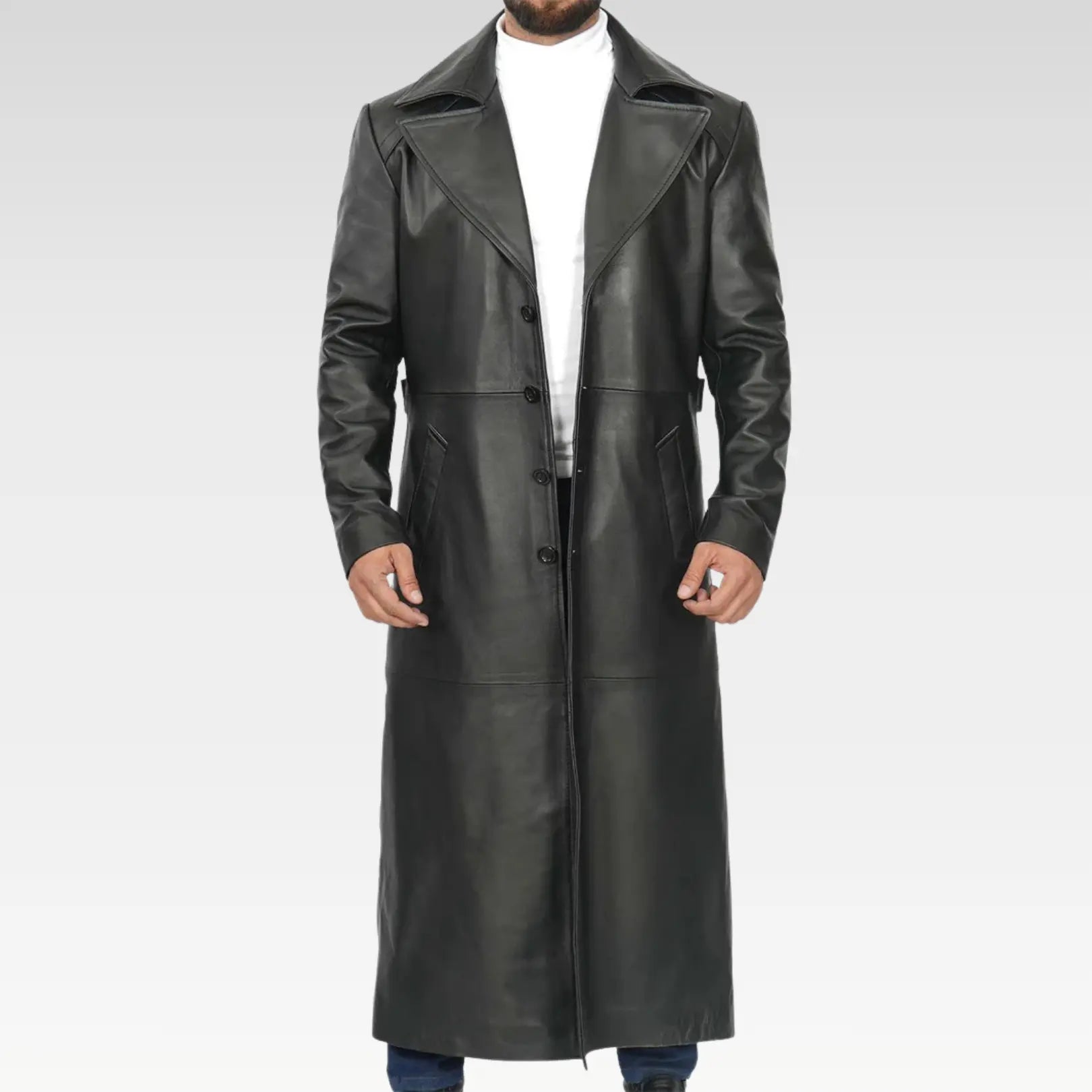 Jackson men’s black leather long duster coat featuring wide lapel collar and smooth leather texture.