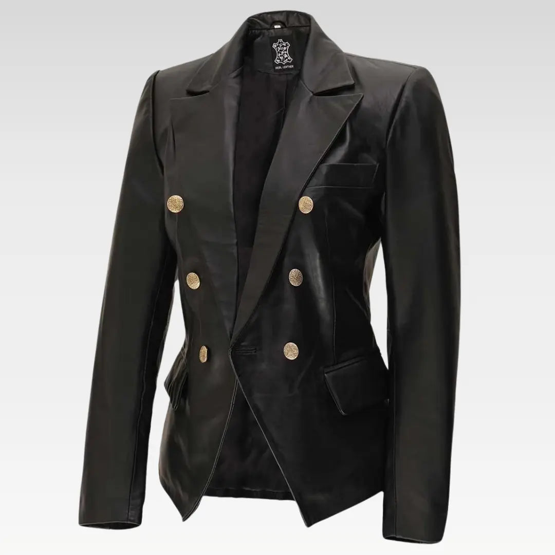 Kim Womens Black Leather Double Breasted Blazer - Image 2