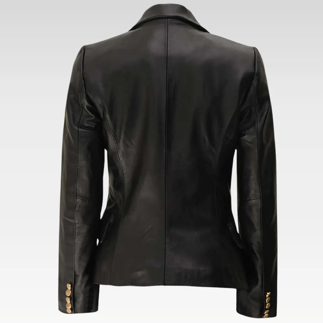 Kim Womens Black Leather Double Breasted Blazer - Image 3
