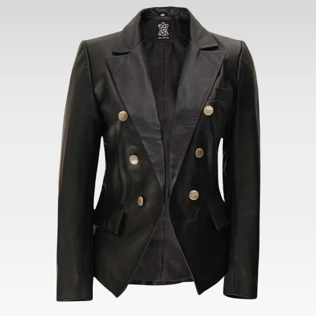 Kim Womens Black Leather Double Breasted Blazer