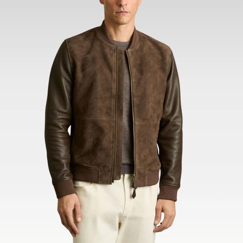 Man wearing a brown leather jacket on a plain background