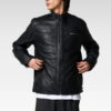 Black leather racer jacket with quilted shoulders, front view showcasing sleek zip details and streamlined fit.