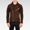ront angled view of the Legacy Armand Mocha Suede Biker Jacket, showcasing adjustable waist straps, accordion panels, and classic biker styling.