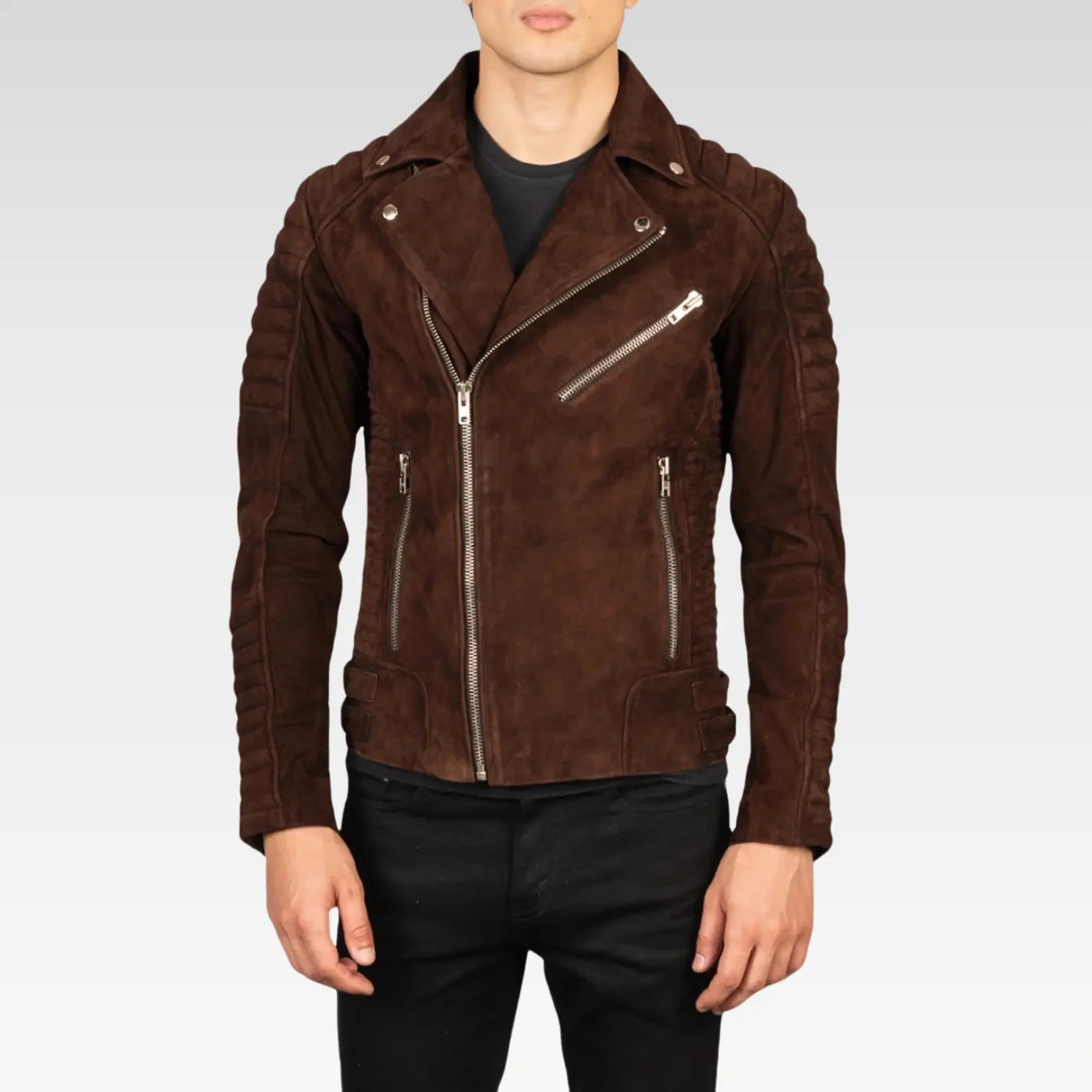 ront angled view of the Legacy Armand Mocha Suede Biker Jacket, showcasing adjustable waist straps, accordion panels, and classic biker styling.