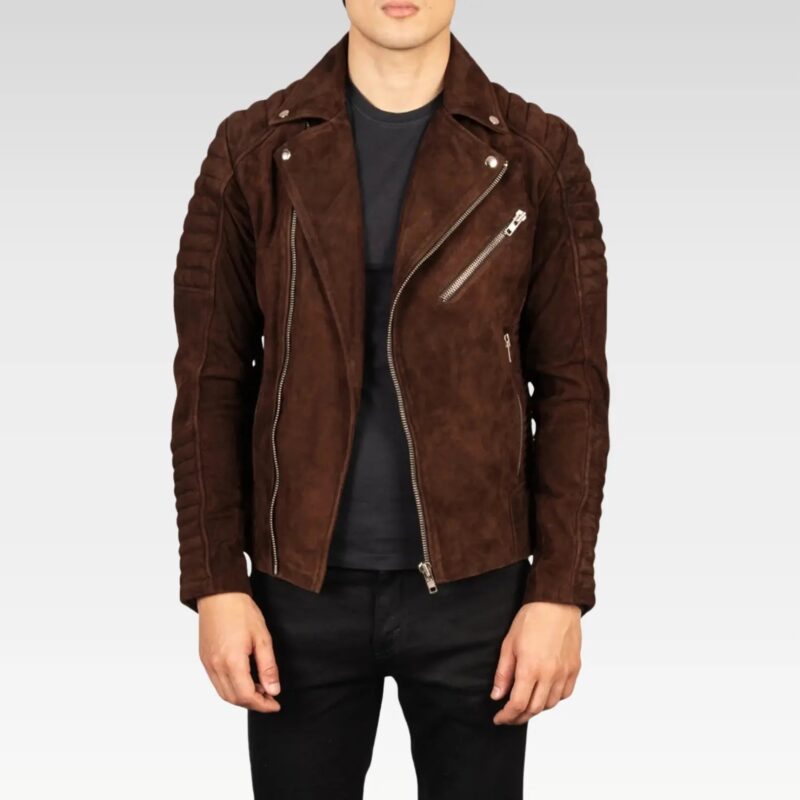 Full look of the Legacy Armand Mocha Suede Biker Jacket on model, styled with casual outfit, highlighting its versatile design and functional pockets.