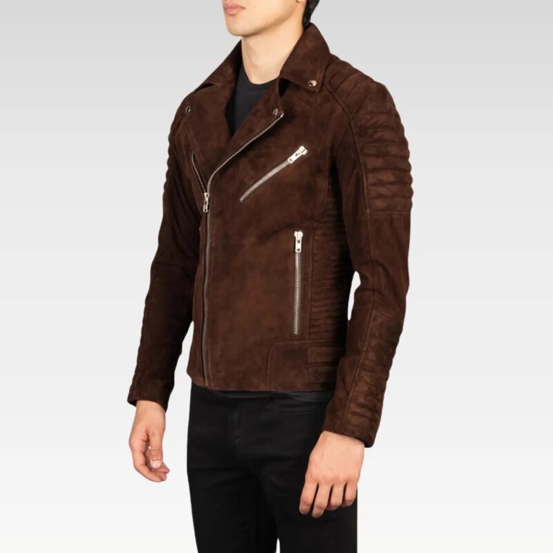 Side profile of the Legacy Armand Mocha Suede Biker Jacket, featuring accordion side panels and durable goatskin suede material.
