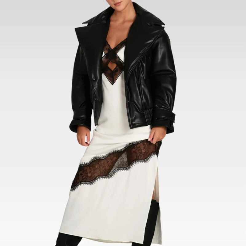 Front view of the Love Drunk Leather Bomber Jacket worn open to reveal smooth lining and biker-inspired detailing.