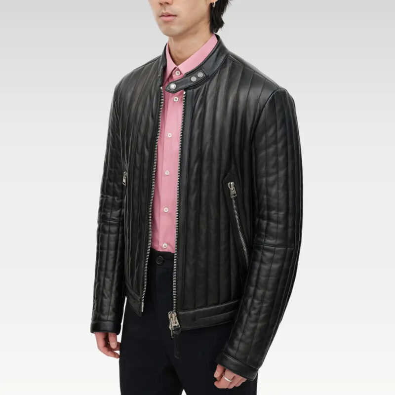 Lunet black quilted leather bomber jacket styled with a pink shirt, emphasizing its versatile and elevated streetwear appeal.