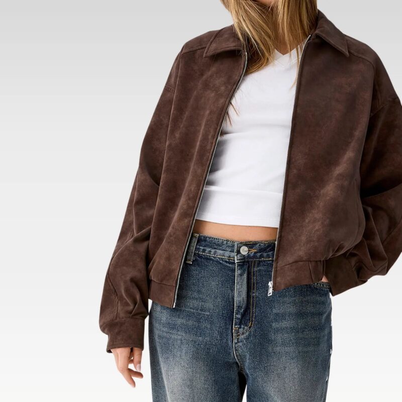 Front view of Lyra oversized suede-finish jacket zipped up, highlighting smooth zip closure and plush suede-like texture.