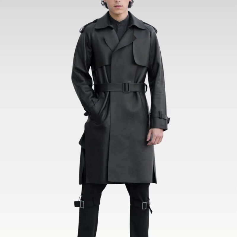Angled front view of Matrix-inspired lambskin leather trench coat with cinematic details and slim silhouette.