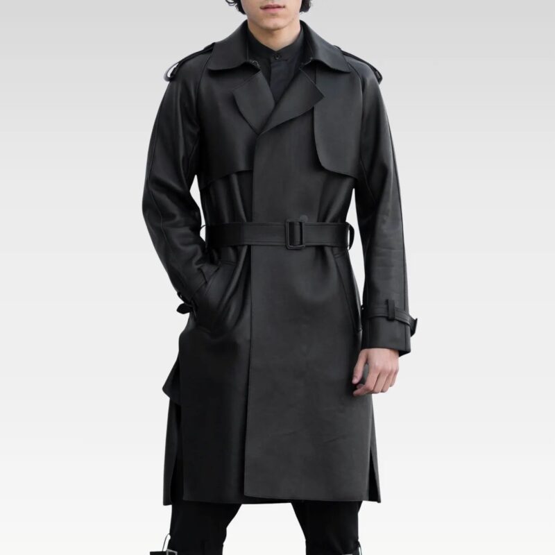 Front view of Matrix black leather trench coat with tailored fit, gun flaps, epaulettes, and slide-buckle belt.