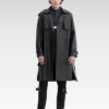 Full front view of Matrix-style black lambskin leather trench coat with open front, button details, and timeless tailoring.