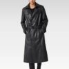 Front view of black genuine leather trench coat for men featuring classic collar, epaulette shoulders, waist belt, and button closure in Matrix movie style