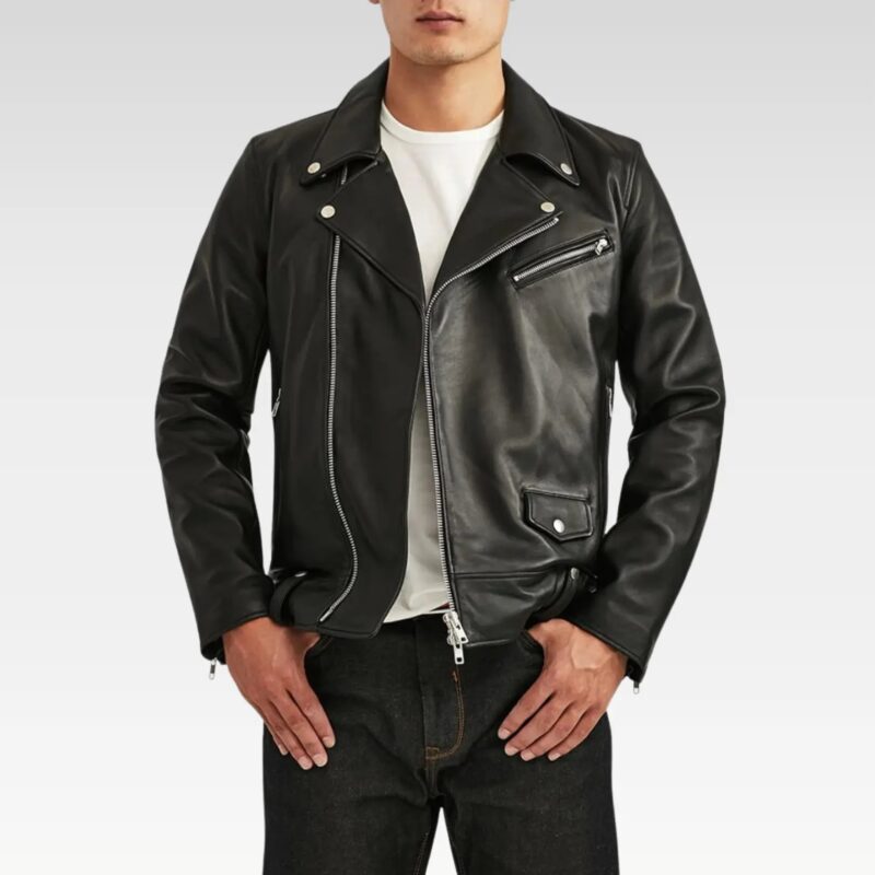Front view of the Men’s Classic Black Biker Leather Jacket featuring asymmetrical YKK zip, sharp lapel collar, and chest pocket.