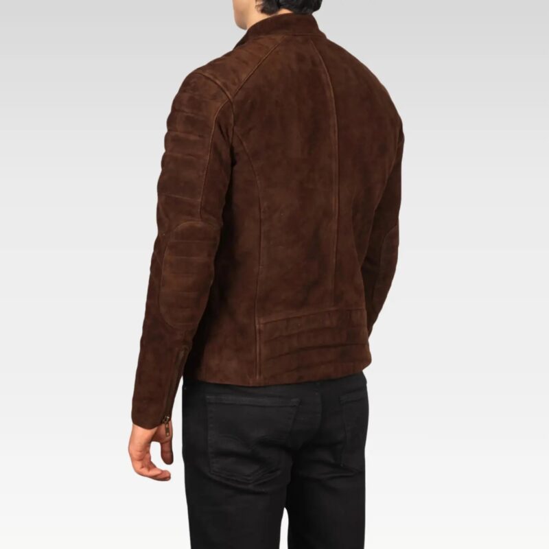 Back view of the stylish Men's Faisor Mocha Suede Biker Jacket crafted from genuine goatskin leather with a rich mocha tone, featuring a streamlined fit and quilted lining.
