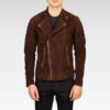 Front view of the Men's Faisor Mocha Suede Biker Jacket, showcasing its snap-button band collar, smooth zip closure, and functional pockets in premium goatskin suede.