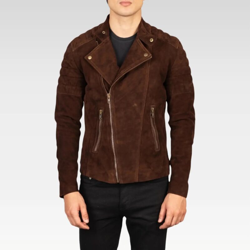 Front view of the Men's Faisor Mocha Suede Biker Jacket, showcasing its snap-button band collar, smooth zip closure, and functional pockets in premium goatskin suede.