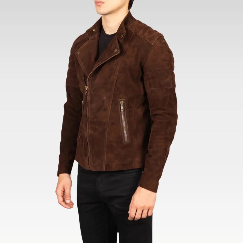 Side profile of the Men's Faisor Mocha Suede Biker Jacket, highlighting its modern fit, zipper cuffs, and rugged yet refined mocha suede design.
