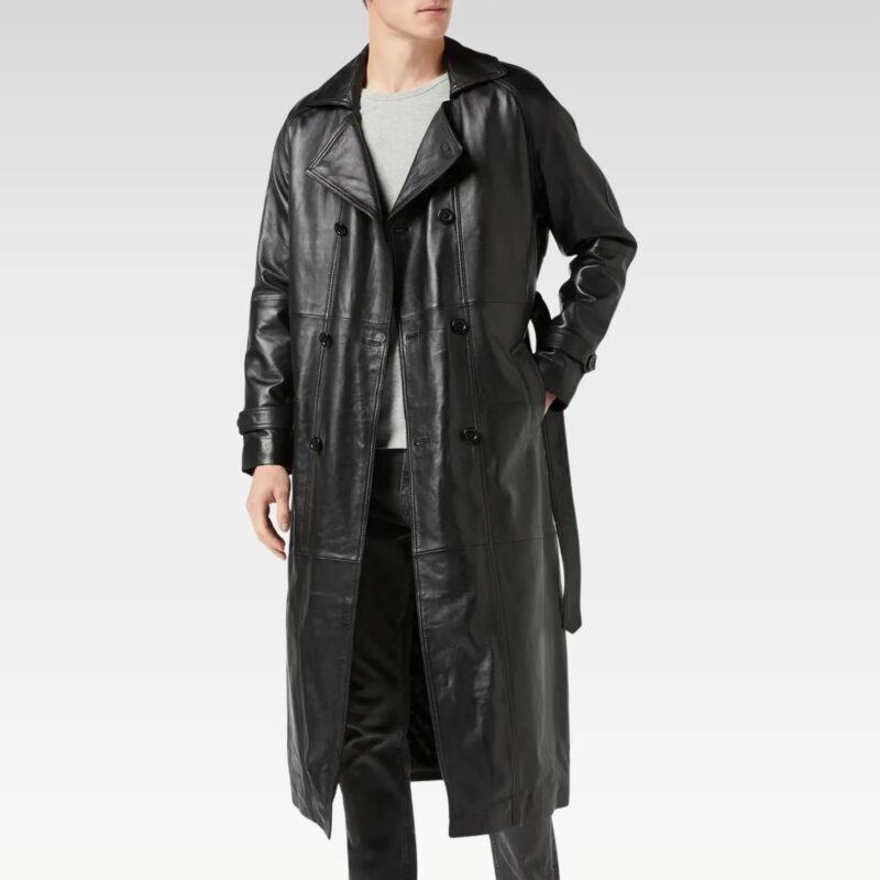 Men's full-length real leather trench coat, front view, crafted from soft washed and waxed sheepskin leather, showcasing a double-breasted 6-button design and peak lapel collars, perfect for concerts and casual wear.