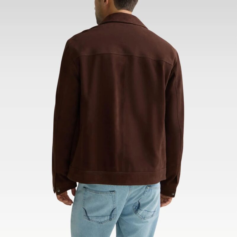 Back view of a brown trucker suede jacket crafted from genuine leather, featuring a soft suede finish, regular fit, and functional pockets, perfect for layering.