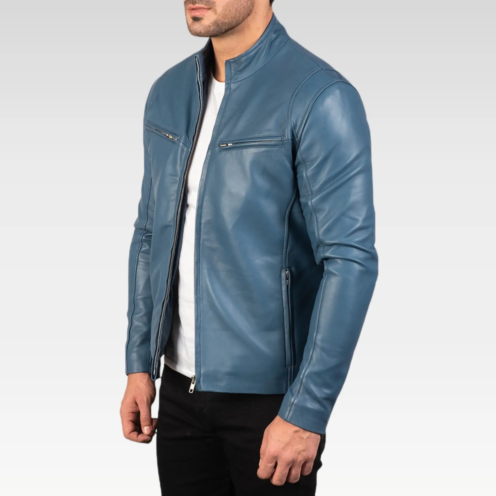 Mens Ionic Blue Leather Biker Jacket - Image 2