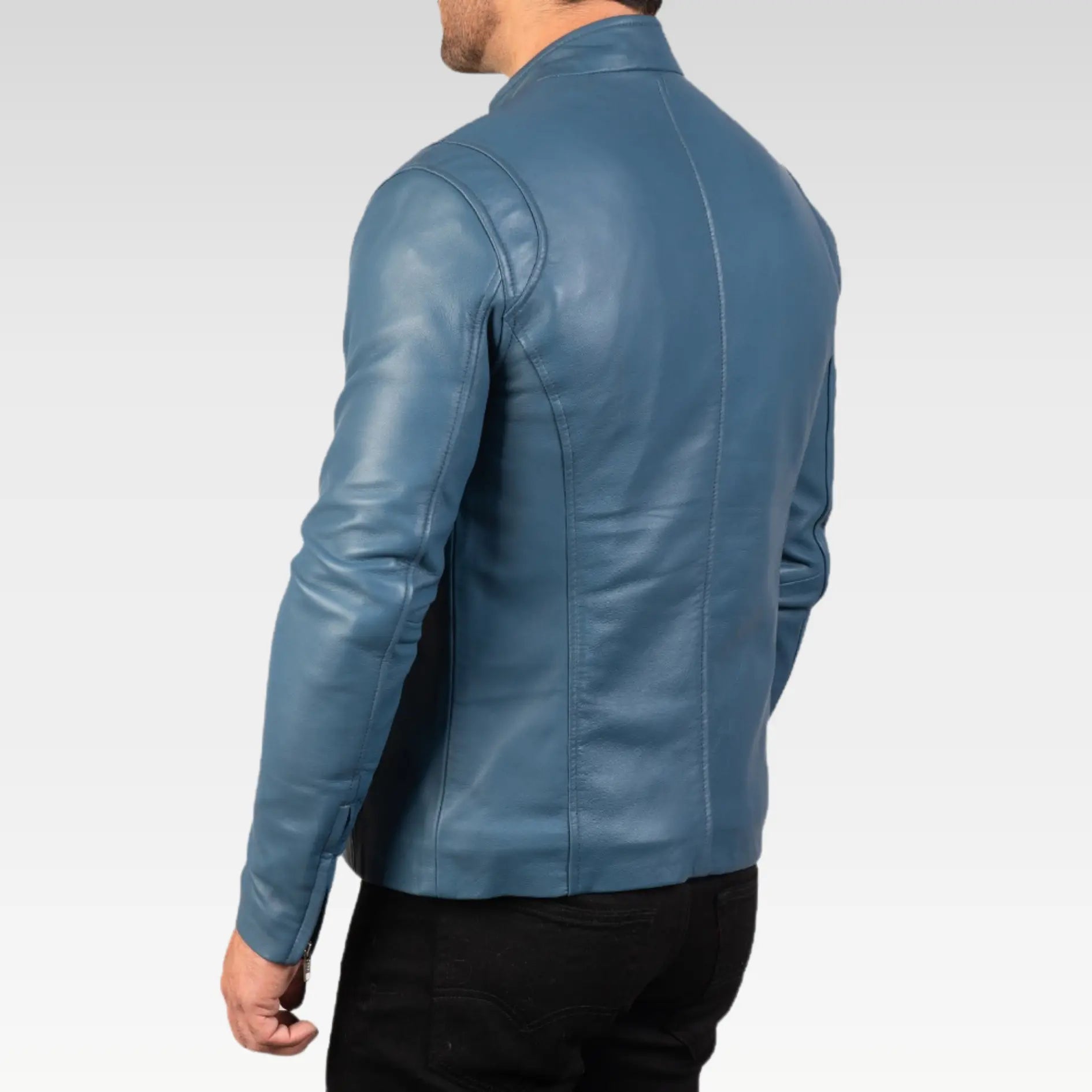 Mens Ionic Blue Leather Biker Jacket - Image 4