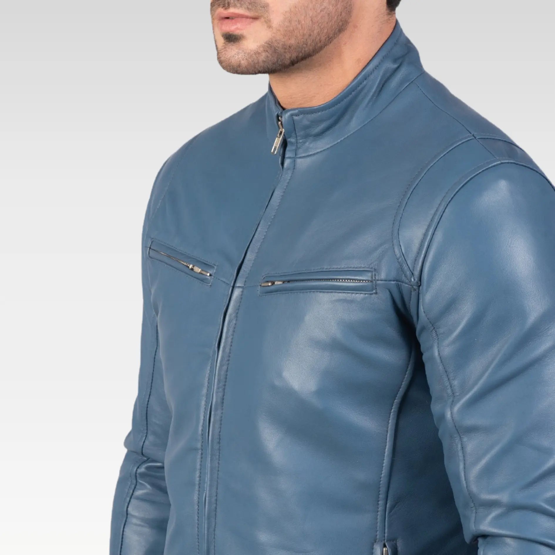 Mens Ionic Blue Leather Biker Jacket - Image 3