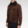 Mens classic shirt-style suede jacket in dark brown, crafted from genuine goat suede with a fur collar, offering a refined and rugged look ideal for all-season wear