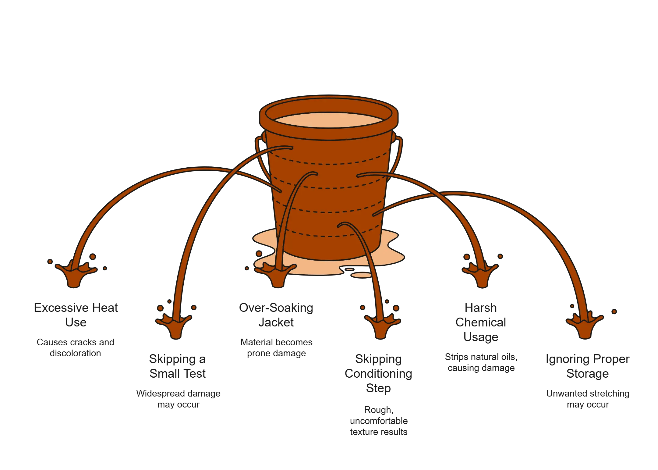Step-by-step infographic for shrinking a leather jacket, including identifying care label, soaking, drying, repeating if needed, and conditioning the leather.