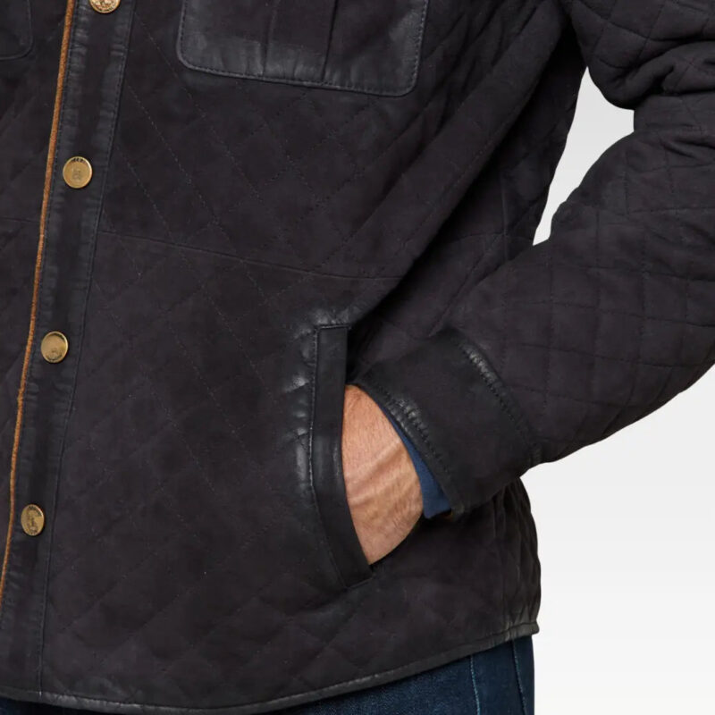 Close-up view of the Monarch Waxed Suede Jacket showing waxed suede texture, hand-warmer pocket, and brass button detailing.