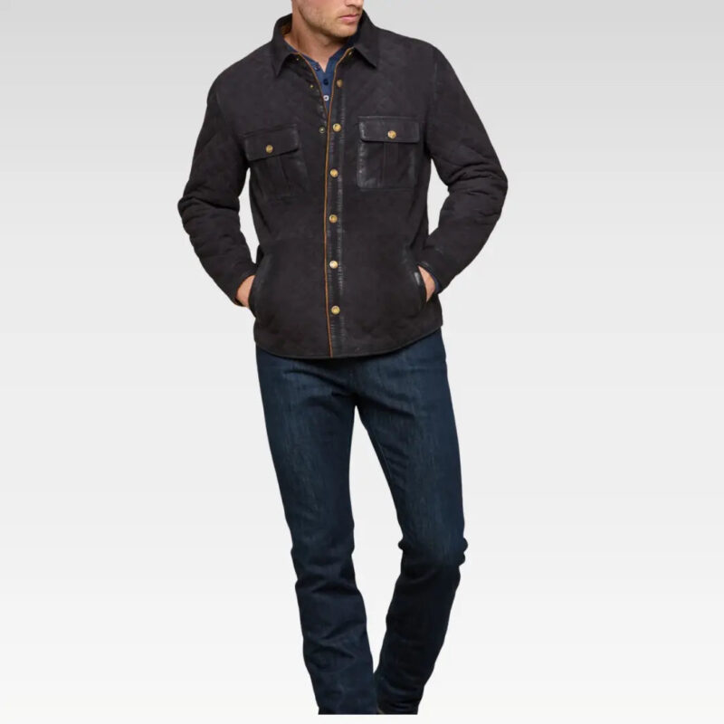 Full-body front view of the Monarch Waxed Suede Jacket worn by a model, highlighting the rugged waxed suede finish and classic silhouette.