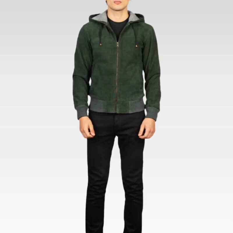 Angled view of the Nintenzo green hooded suede bomber jacket, displaying its cozy fleece lining, rib-knit hem, and two inner pockets for smart storage and modern style.