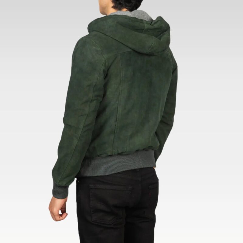 Back view of the Nintenzo green hooded suede bomber jacket, highlighting its premium goatskin suede construction and sleek, versatile design perfect for all seasons.