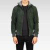 Front view of the Nintenzo green hooded suede bomber jacket, featuring a full-zip closure, two outer pockets, and a stylish fleece-lined design for warmth and comfort.
