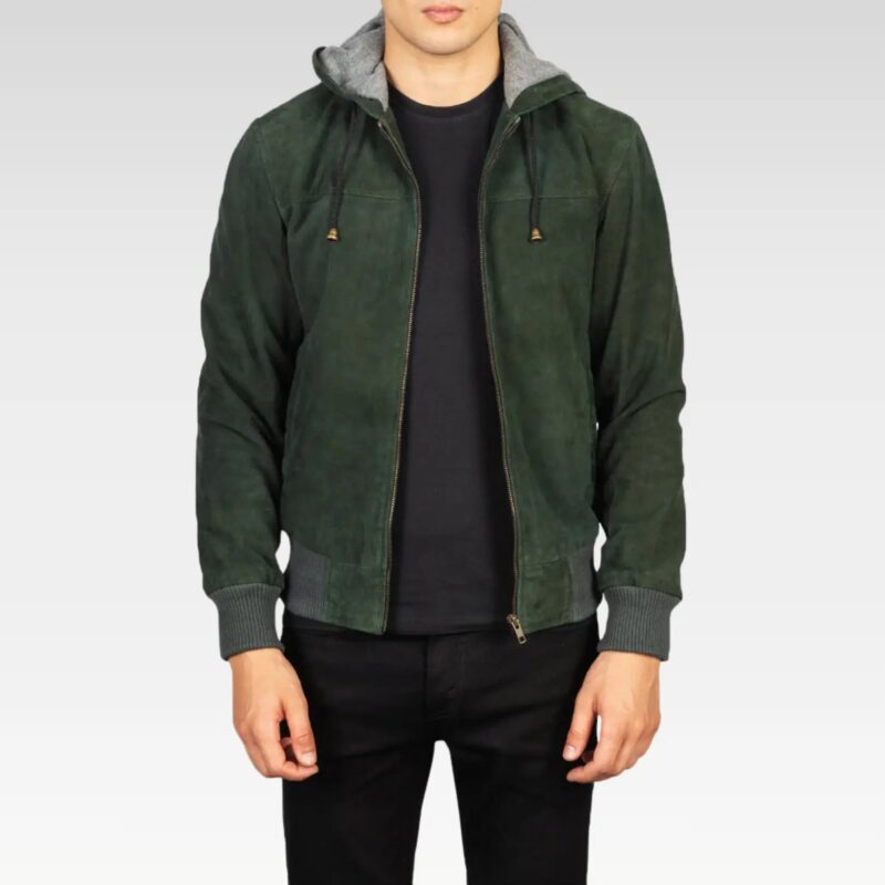 Front view of the Nintenzo green hooded suede bomber jacket, featuring a full-zip closure, two outer pockets, and a stylish fleece-lined design for warmth and comfort.