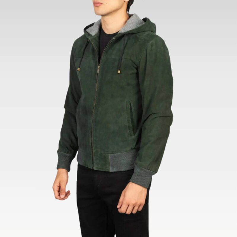 side view of the Nintenzo green hooded suede bomber jacket, showcasing its luxurious goatskin suede material, cozy fleece lining, and rib-knit cuffs for a snug fit.