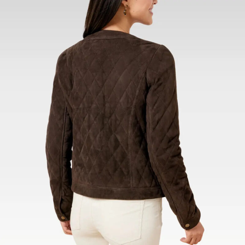 Back view of the Nira Quilted Sheepskin Suede Leather Jacket showing detailed quilted suede design, soft texture, and comfortable tailored silhouette in brown