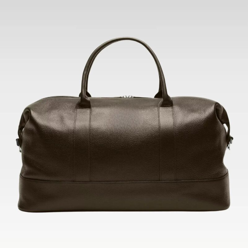 Front view of the Obsidian Premium Leather Duffle featuring structured shape, smooth zipper closure, and sturdy top handles for everyday use.