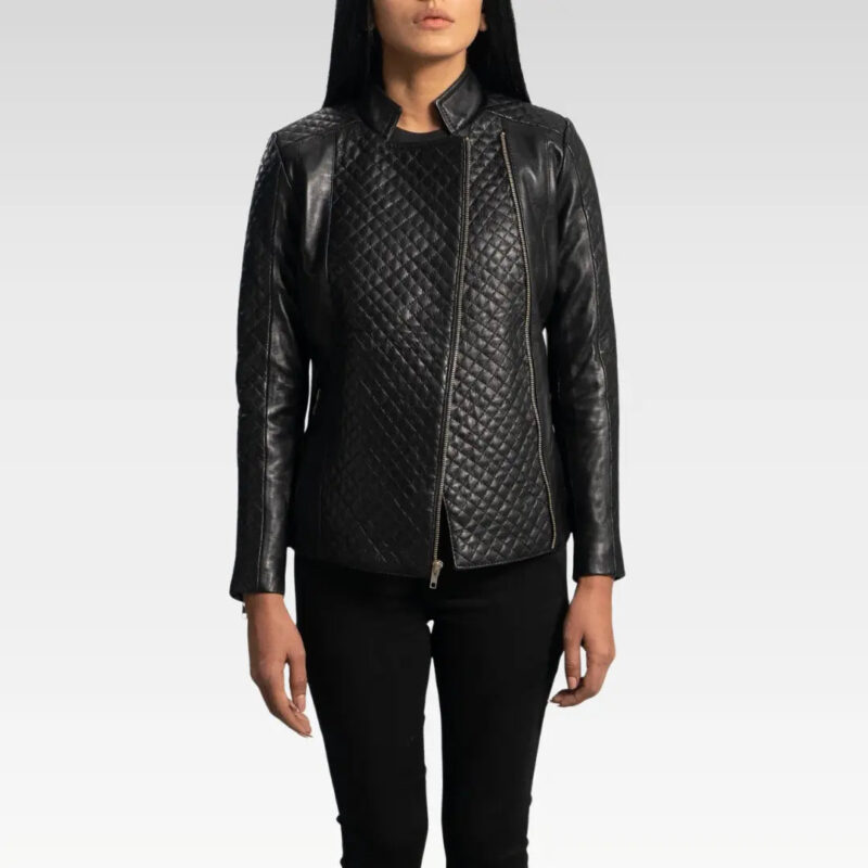 Angled front view of the Orient Grain Quilted Black Leather Biker Jacket highlighting quilted panels and zip pockets.