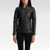 Cropped front view of the Orient Grain Quilted Black Leather Biker Jacket emphasizing collar and upper chest detailing
