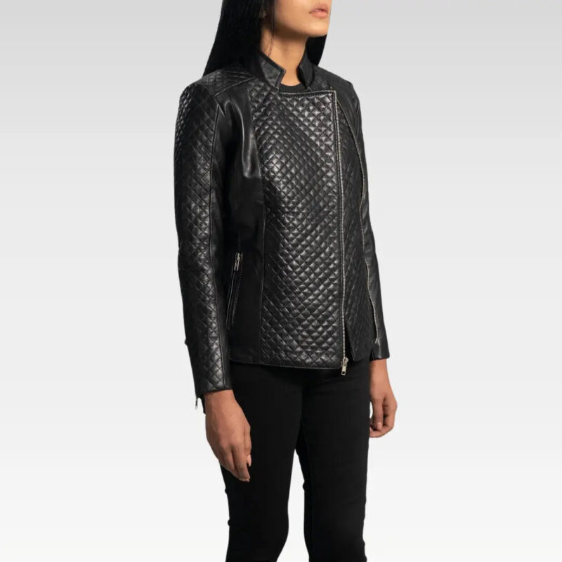 Three-quarter side angle of the Orient Grain Quilted Black Leather Biker Jacket showing fit and structure on model.