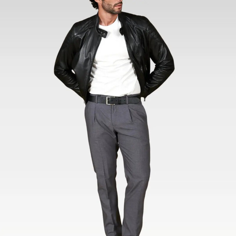 Front view of the Oryn Black Quilted Lamb Leather Bomber Jacket highlighting the Korean collar, quilted shoulders, and modern fit.