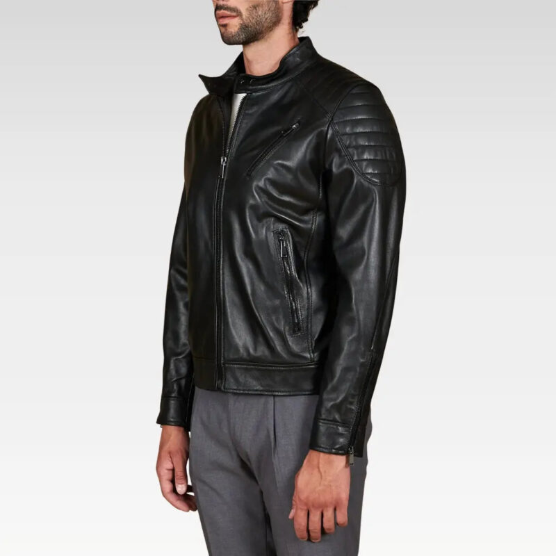 Side angle of the Oryn Black Quilted Lamb Leather Bomber Jacket displaying quilted shoulder detail, zipper sleeves, and sleek silhouette.