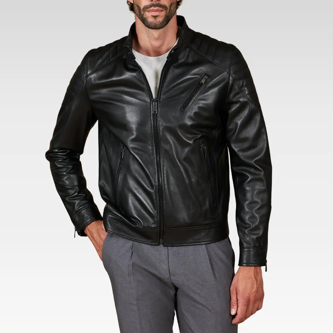 Oryn Black Quilted Lamb Leather Bomber Jacket featuring three front zipper pockets and structured slim fit for a contemporary style.